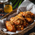 Homemade crispy satay chicken wings coated in rich peanut sauce, topped with crushed peanuts, served in basket with honey and whole peanuts on dark background